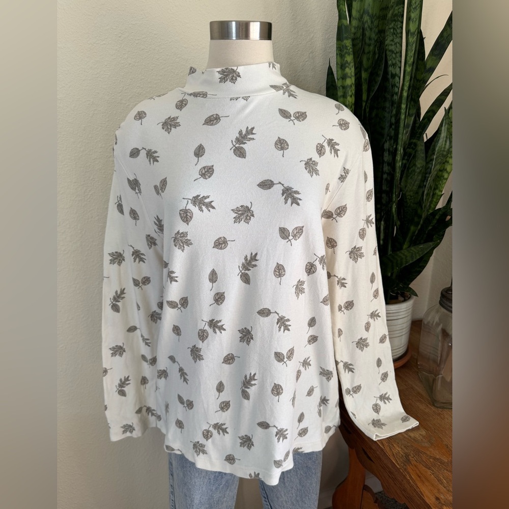 Vintage fall Leaf Print Mock‎ Neck Top XL Cotton Teacher Core